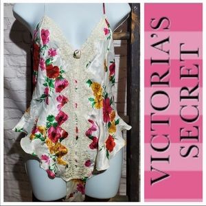 Victoria's Secret Vintage Yellow Tag White Lace & Floral Print Teddy Size Medium